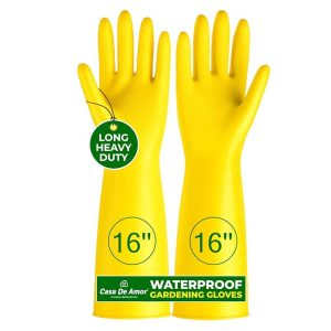 Casa De Amor 16 Inch Long Heavy Duty Latex Rubber Gardening Gloves ? Waterproof & Reusable Garden Gloves for Home, Farming, Agriculture & Dairy Use ? 0.55mm Thick, Yellow (1 Pair)