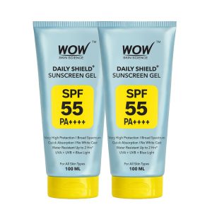 WOW Skin Science Daily Shield+ Sunscreen Gel SPF 55 PA++++ | Broad Spectrum UVA UVB & Blue Light Protection | Lightweight Gel, No White Cast | Water Resistant up to 2 Hrs | For All Skin Types | 100 ml | Pack of 2