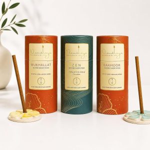 Nirmalaya Premium Mukhallat, Zen, Bakhoor Bambooless Dhoop Sticks (120 Sticks) with Ceramic Stand Sacred Temple Flower | 100% Charcoal-Free | for Pooja, Meditation, Yoga & Home Fragrance